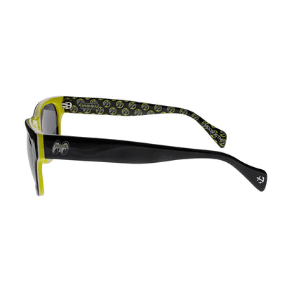 Sunglasses with black frame and yellow accents on a white background