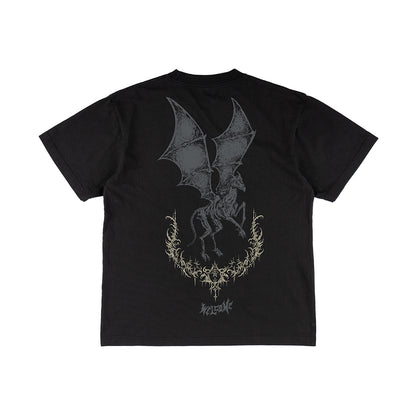 Black t-shirt with a dragon design on the back against a white background