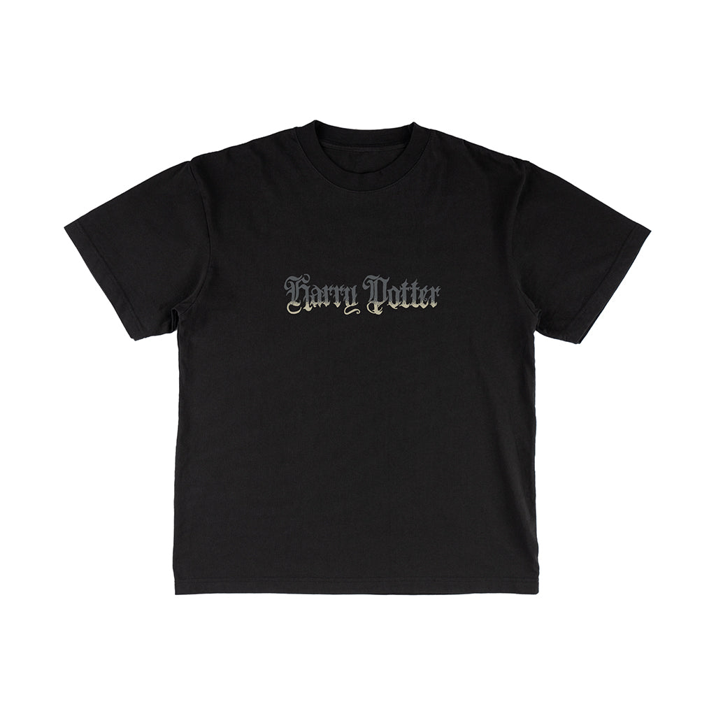 Black t-shirt with 'Harry Potter' text on a white background