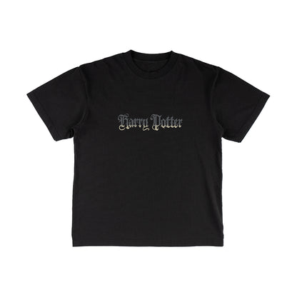 Black t-shirt with 'Harry Potter' text on a white background
