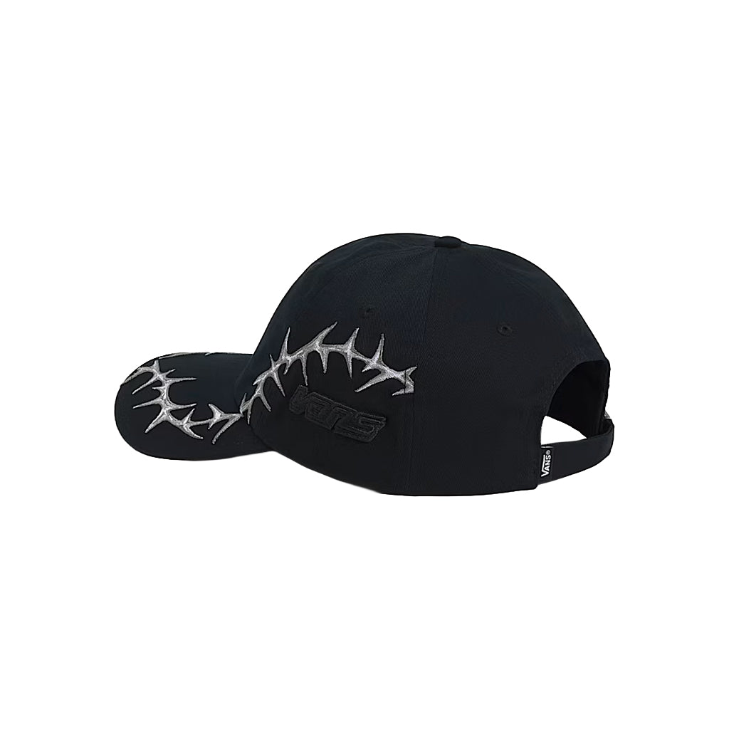Black cap with white design on a white background