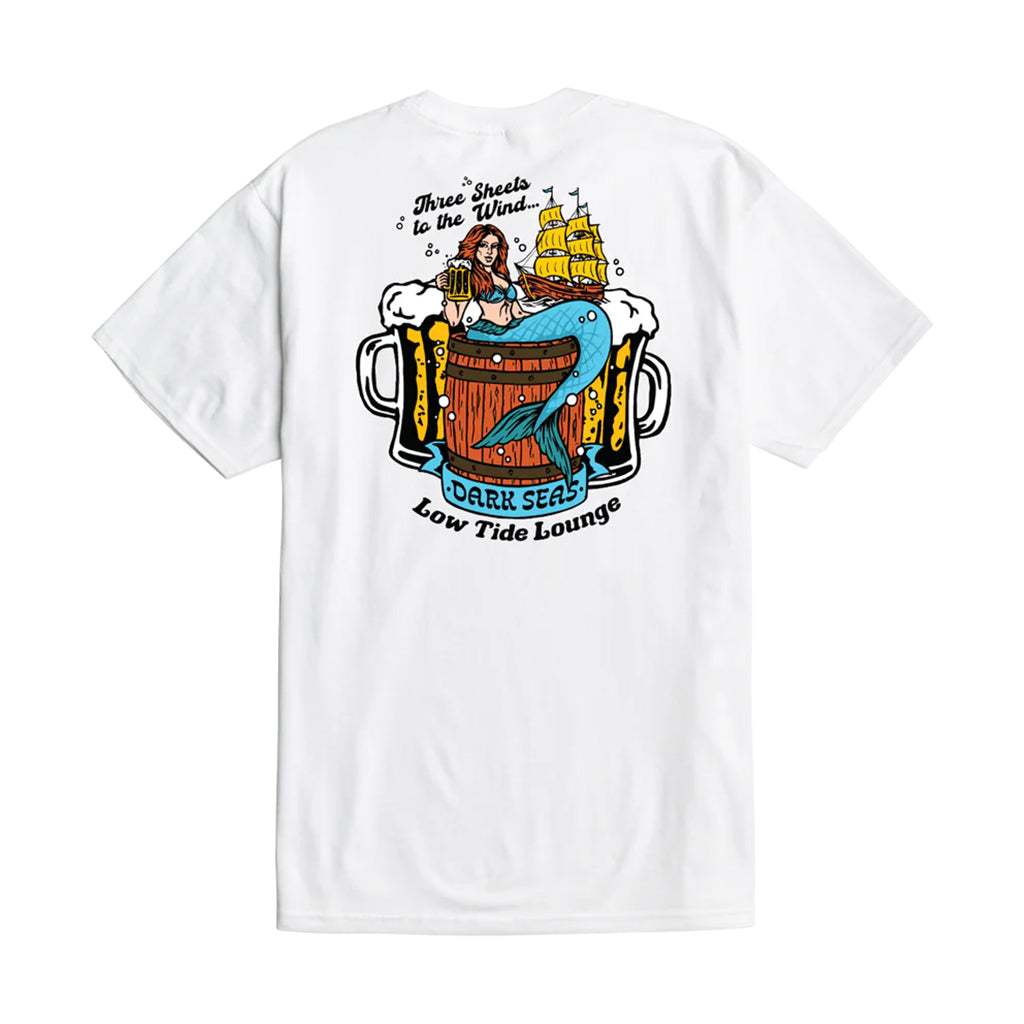 White t-shirt with a colorful graphic of a mermaid, ship, and beer mug on a white background