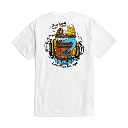 White t-shirt with a colorful graphic of a mermaid, ship, and beer mug on a white background