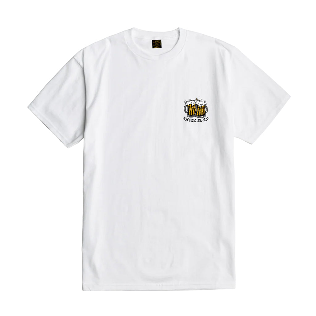 White t-shirt with a small logo on the chest against a white background