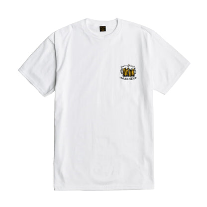 White t-shirt with a small logo on the chest against a white background