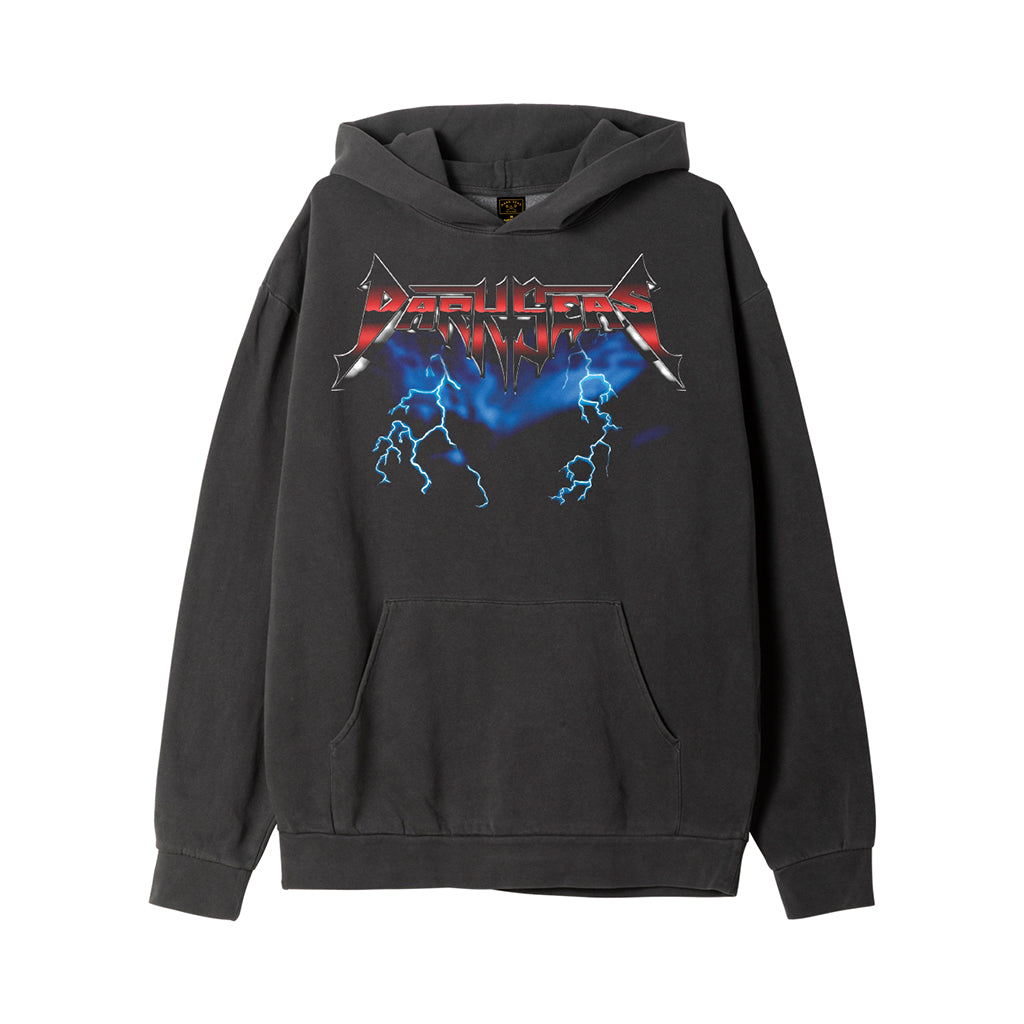 Black hoodie with graphic design on a white background