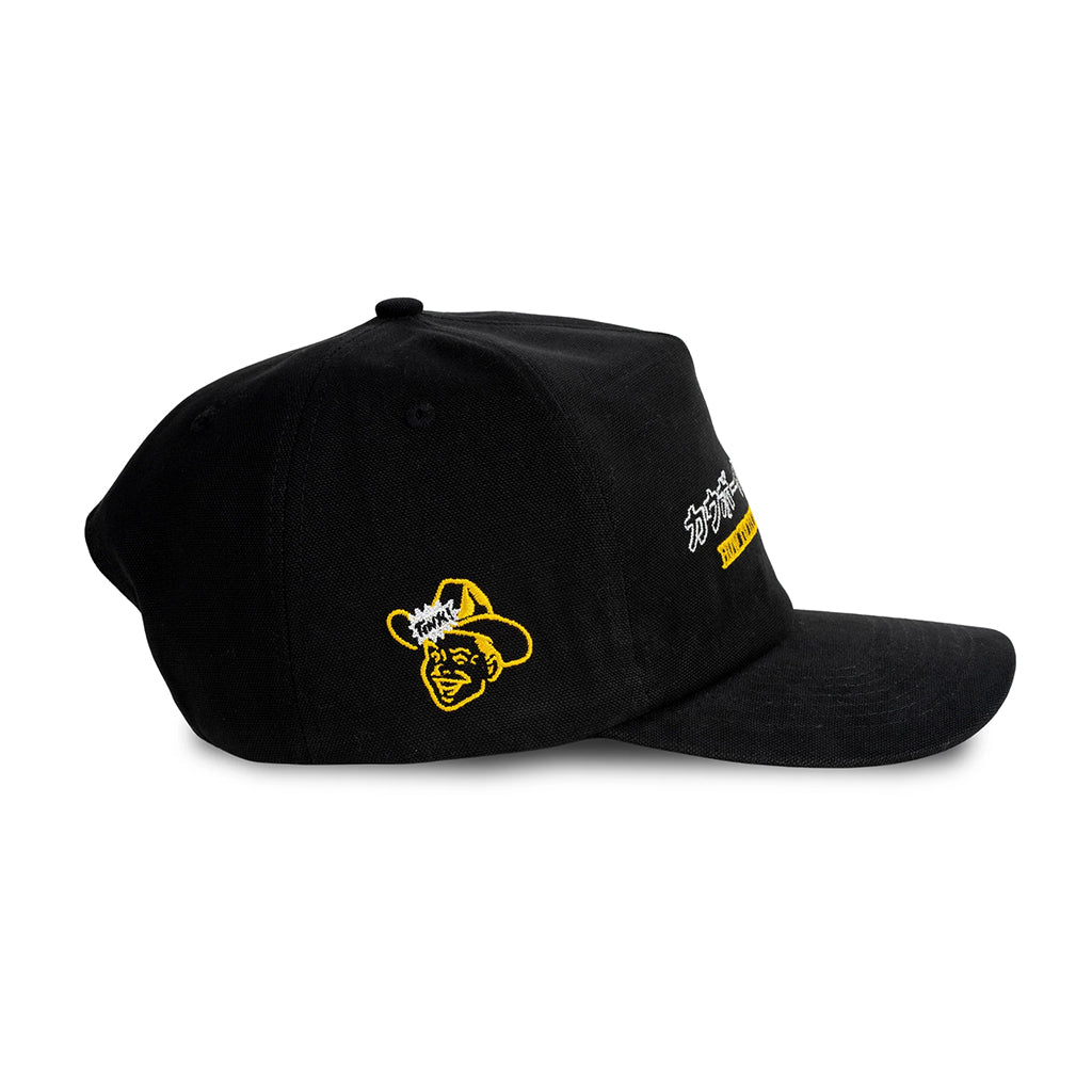 Black cap with yellow and white logos on a white background