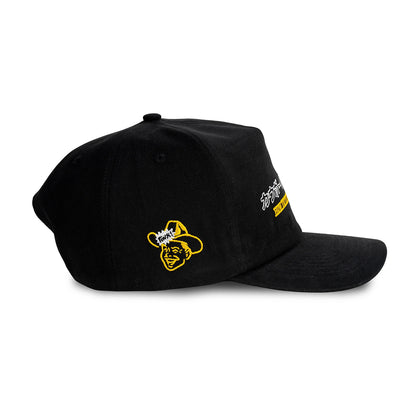 Black cap with yellow and white logos on a white background