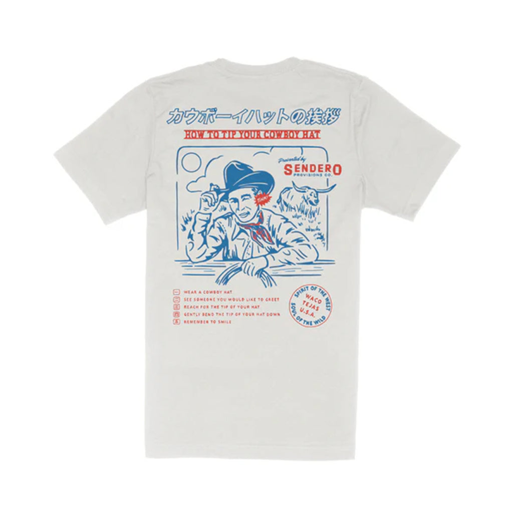 White t-shirt with a graphic design on the back featuring a cowboy and text.
