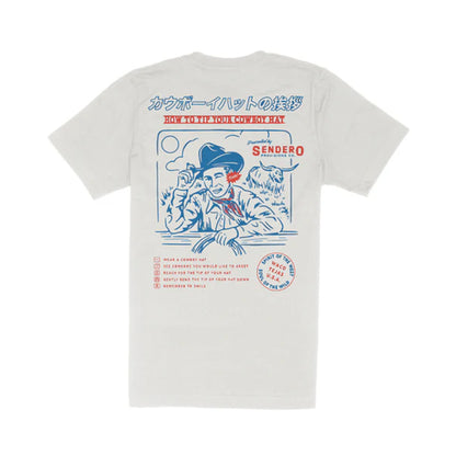 White t-shirt with a graphic design on the back featuring a cowboy and text.