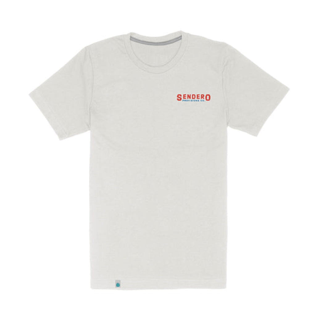 White t-shirt with 'Sendero' logo on a white background