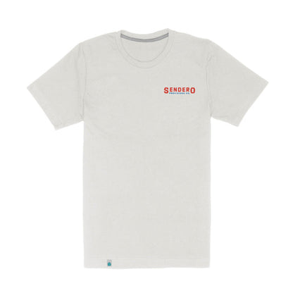 White t-shirt with 'Sendero' logo on a white background