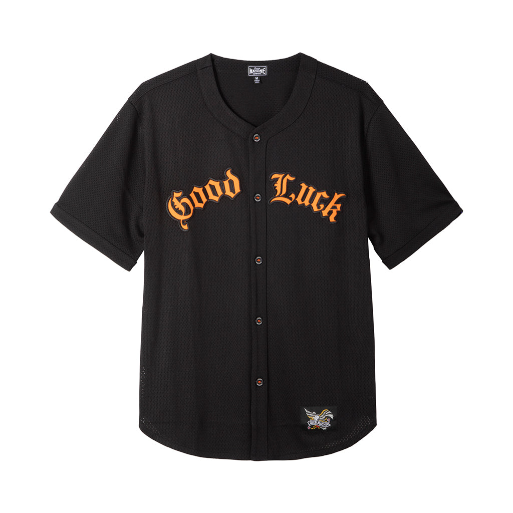 Black baseball jersey with 'Good Luck' text on a white background