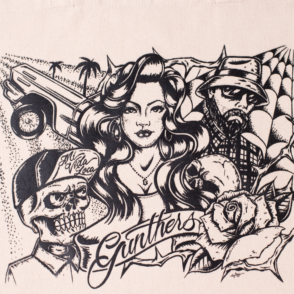 Illustration of a woman with a man and skull, featuring the brand 'Gunthers'.