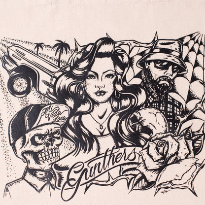 Illustration of a woman with a man and skull, featuring the brand 'Gunthers'.