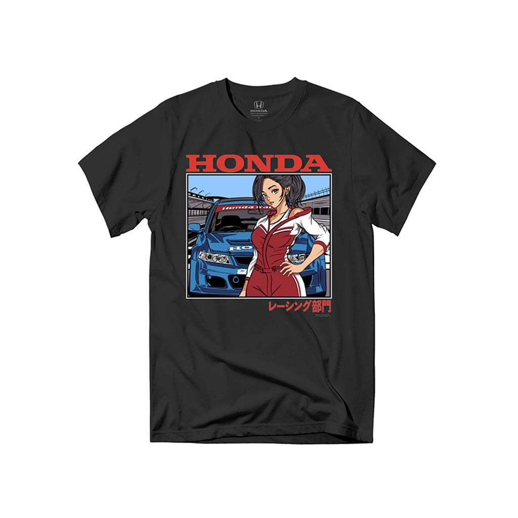 Black t-shirt with Honda logo and graphic of a woman in a red outfit next to a blue car on a white background.
