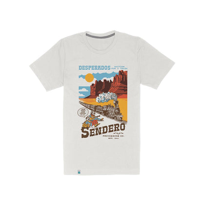 White t-shirt with a graphic design featuring a desert scene and text on a white background
