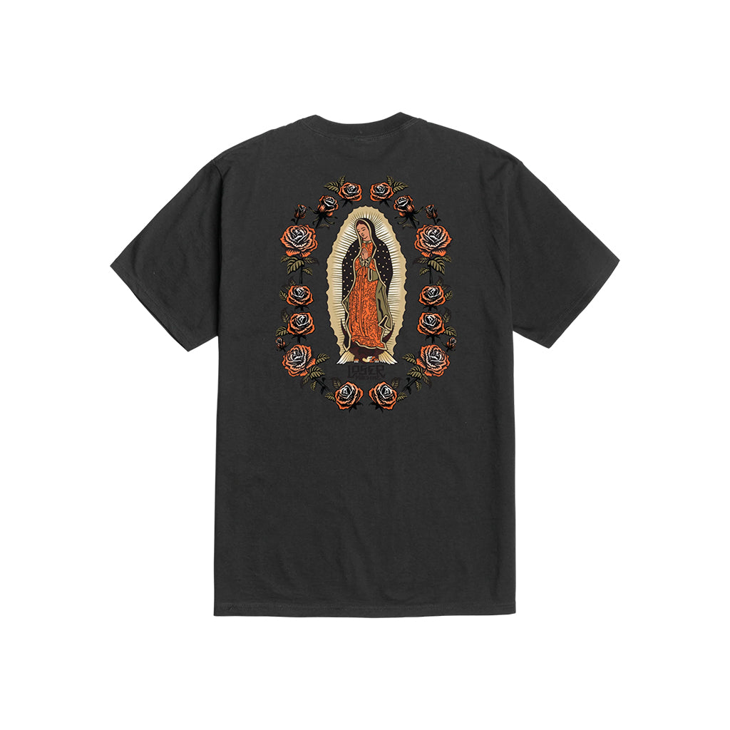 Black t-shirt with a religious design on the back against a white background