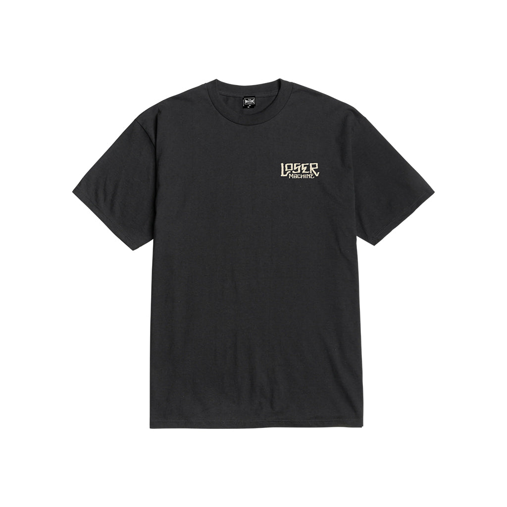 Black t-shirt with a logo on the chest against a white background