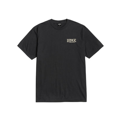 Black t-shirt with a logo on the chest against a white background