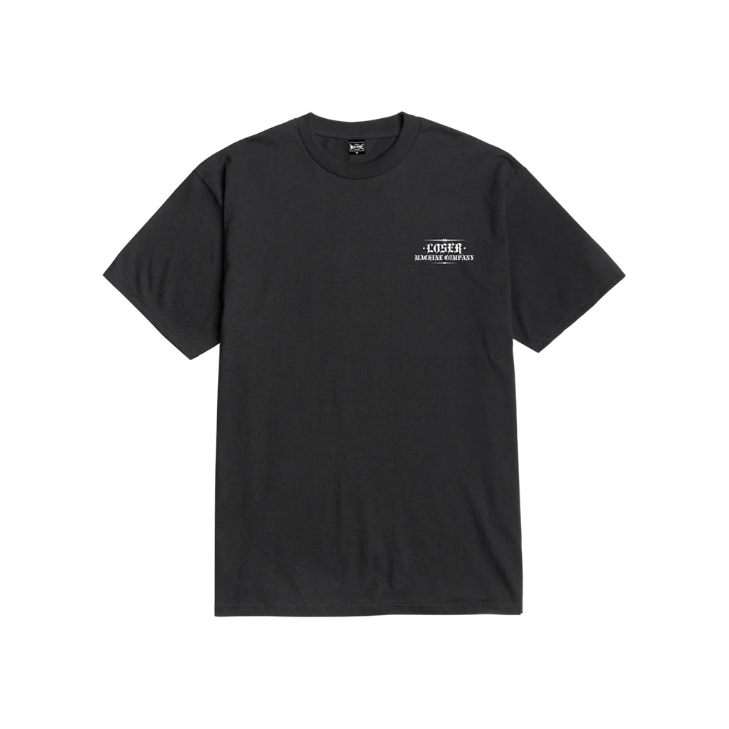 Black t-shirt with a small white logo on a white background