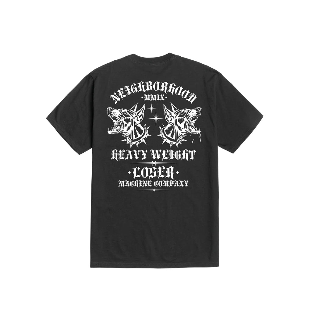 Black t-shirt with white graphic design and text on a white background