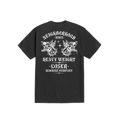 Black t-shirt with white graphic design and text on a white background