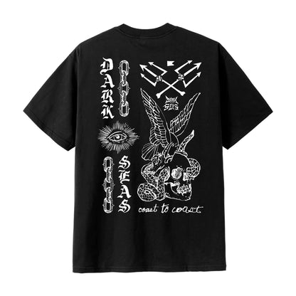 Black t-shirt with white graphic designs on a white background