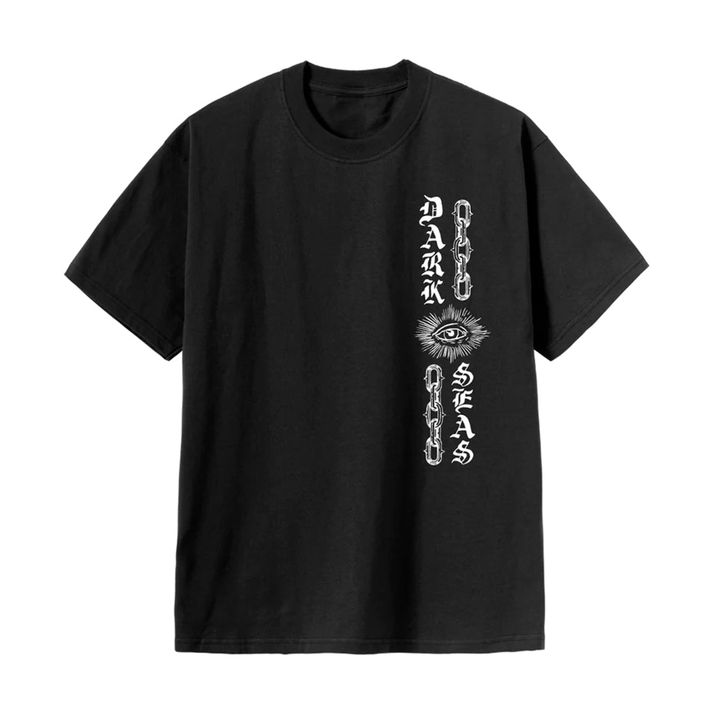 Black t-shirt with white graphic design on a white background