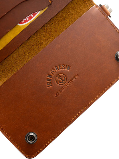 Iron & Resin designed in California stamp on the leather wallet 