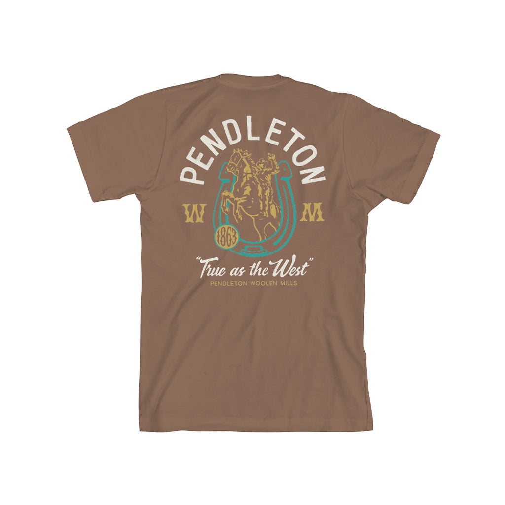 Brown t-shirt with Pendleton logo and branding on a white background