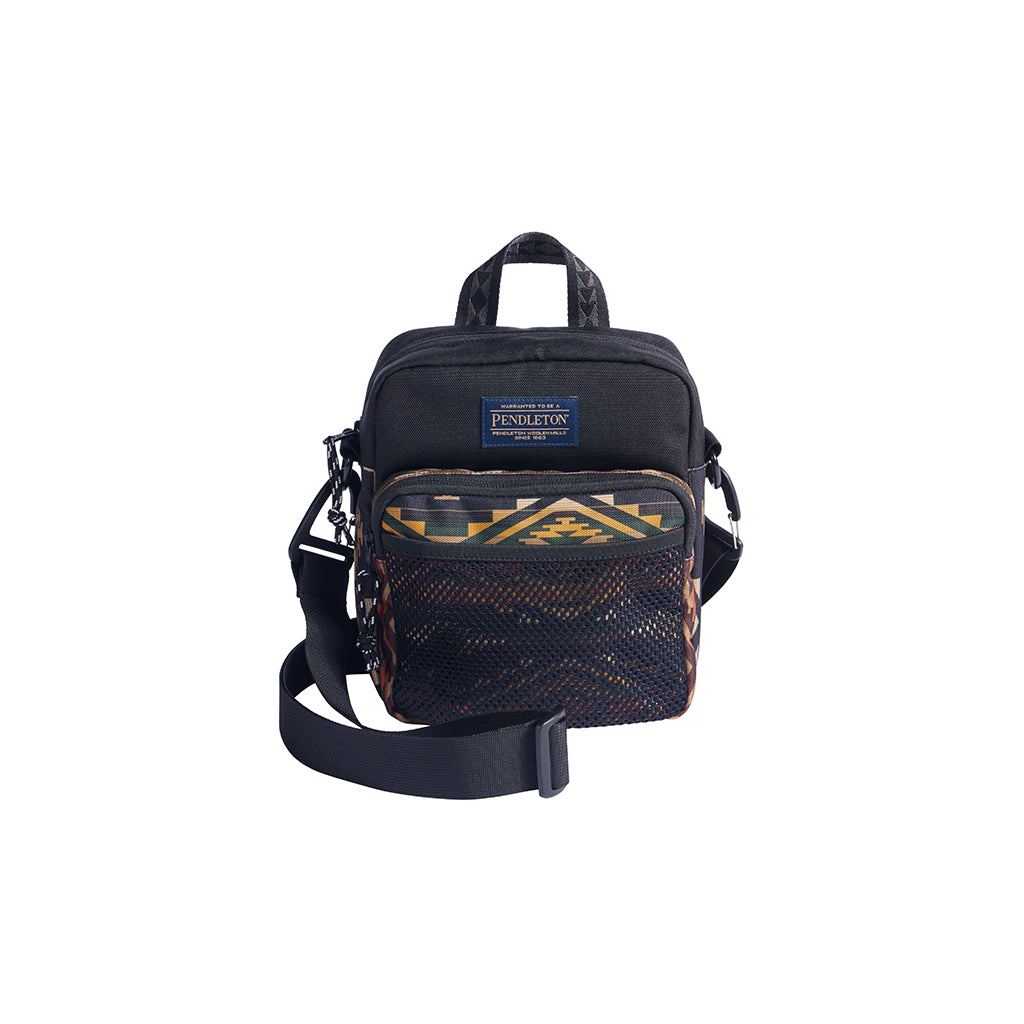 Black crossbody with patterned front pocket on a white background