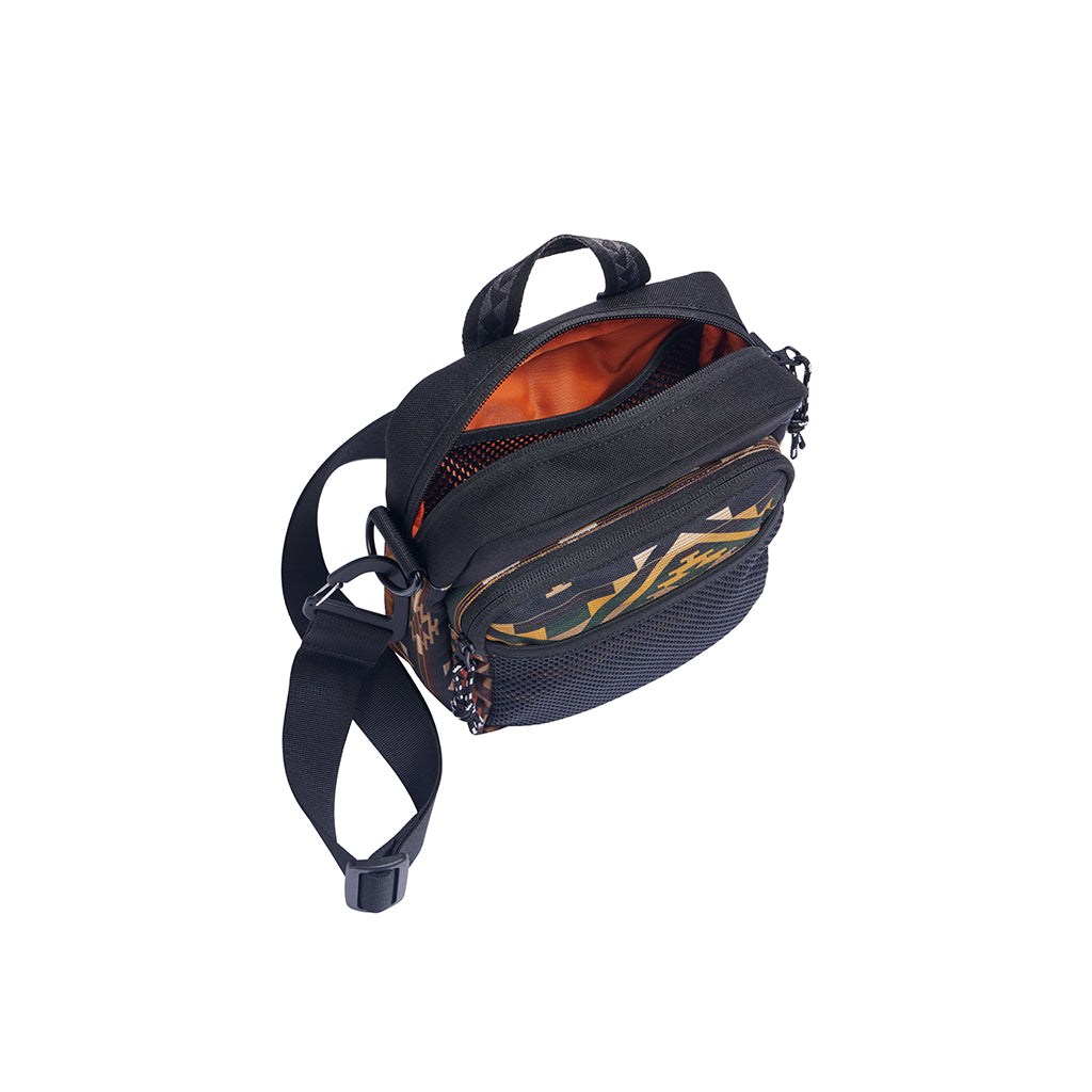 Black cross body with gold accents on a white background