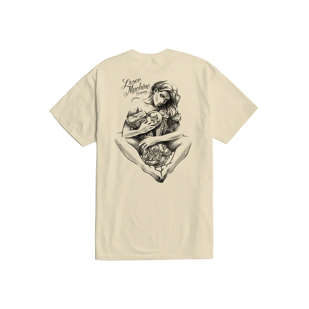 Beige t-shirt with a graphic design on the back featuring a woman and text, on a white background.