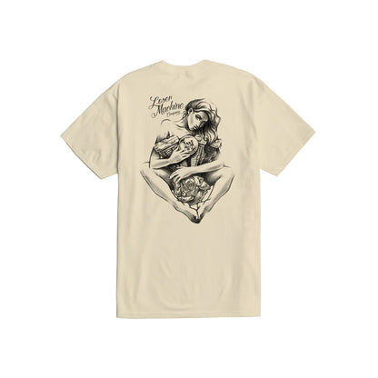 Beige t-shirt with a graphic design on the back featuring a woman and text, on a white background.
