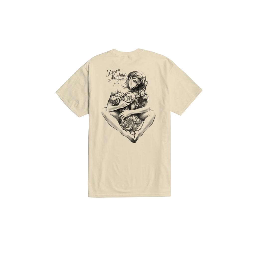 Beige t-shirt with woman holding an motorcycle engine on a white backdrop