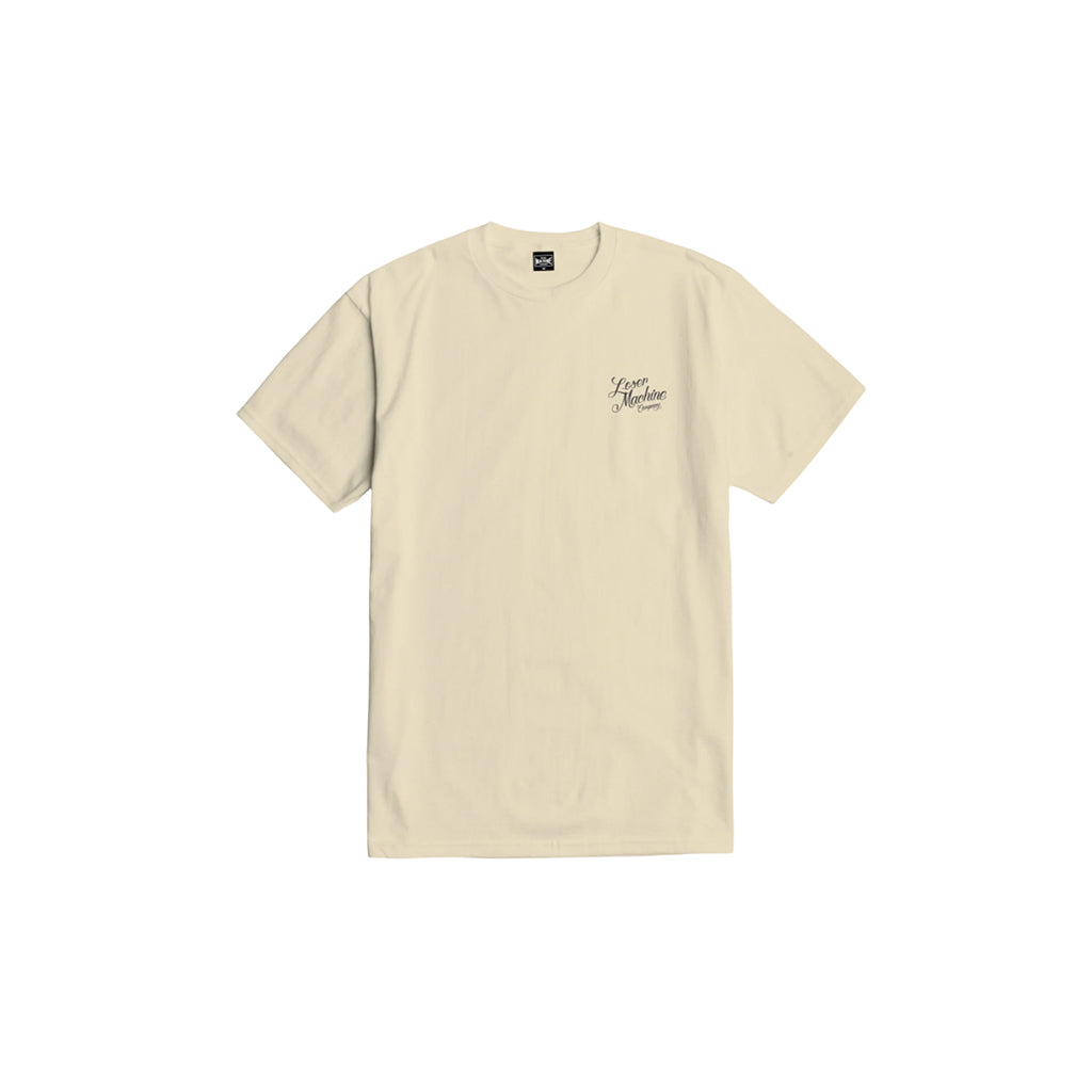 Beige t-shirt with a small logo on a white background