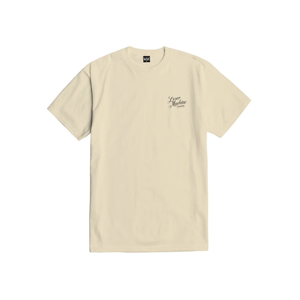 Beige t-shirt with a small logo on the chest against a white background