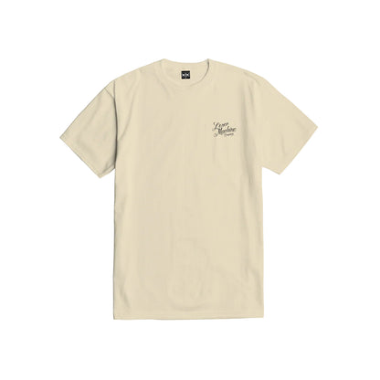 Beige t-shirt with a small logo on the chest against a white background