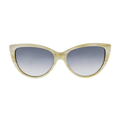 Cat-eye sunglasses with beige frame and blue gradient lenses on a white background
