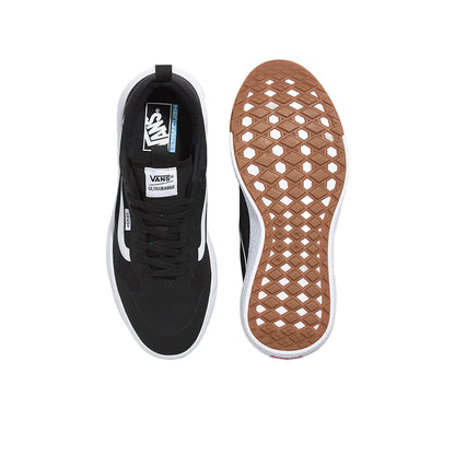 Black Vans sneaker with white sole on a light gray background