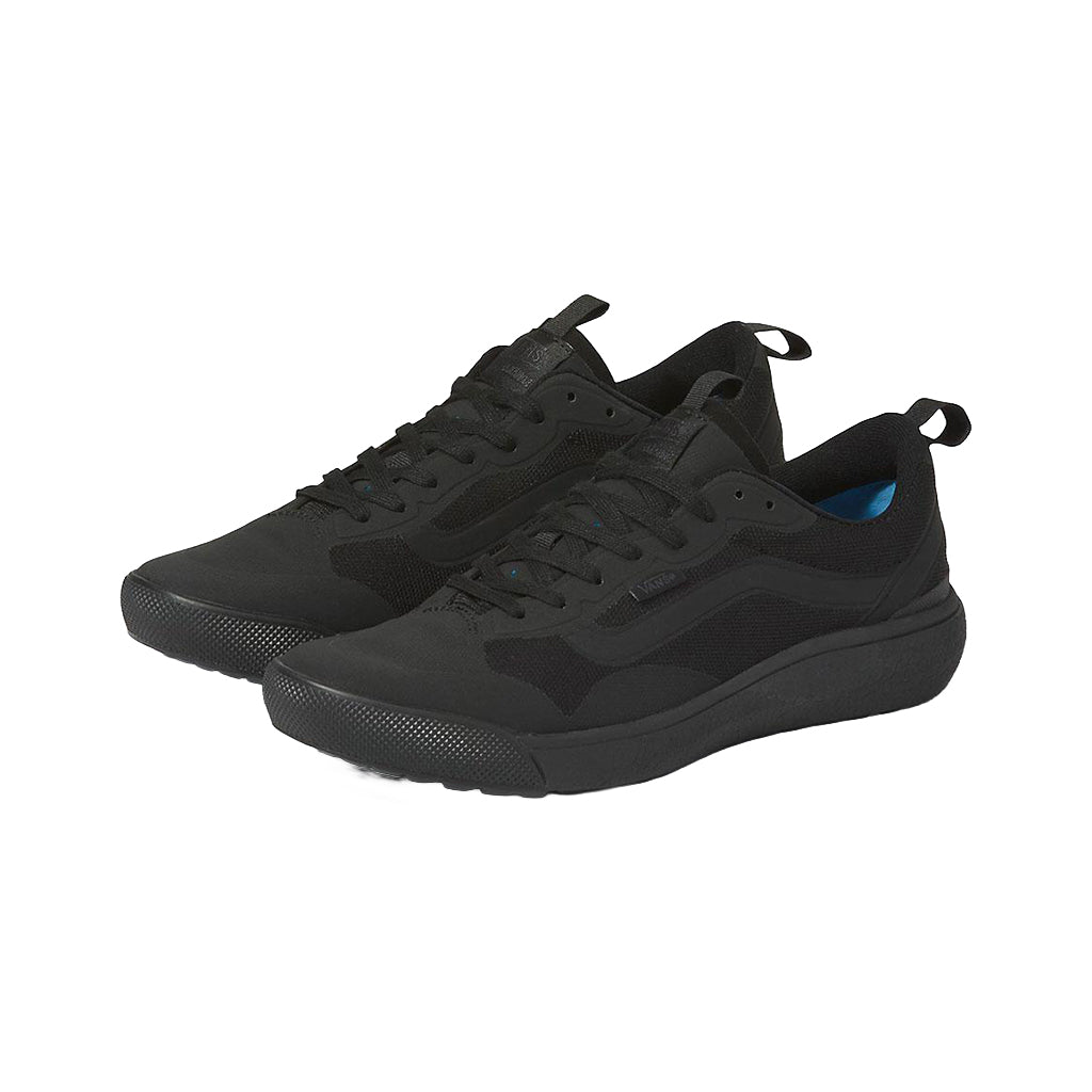 Pair of black Vans athletic shoes on a white background 