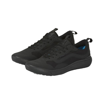 Pair of black Vans athletic shoes on a white background 