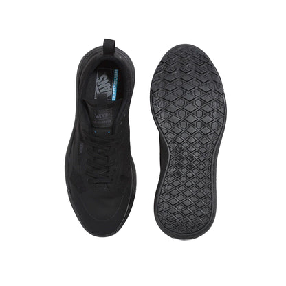 Top & Bottom of all black Vans athletic shoes 