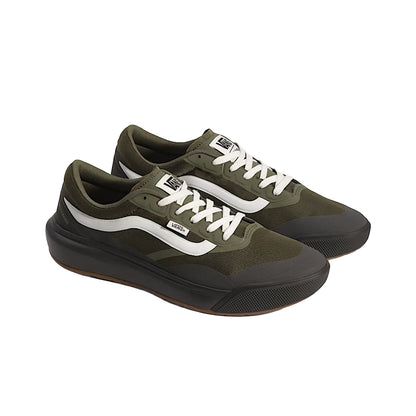 Pair of green sneakers with white laces on a white background