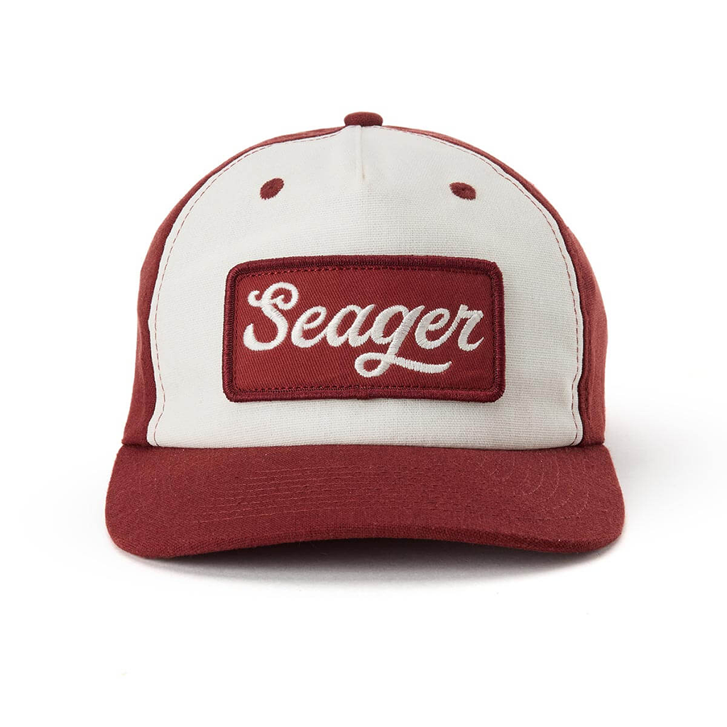 Red and white cap with 'Seager' logo on a white background