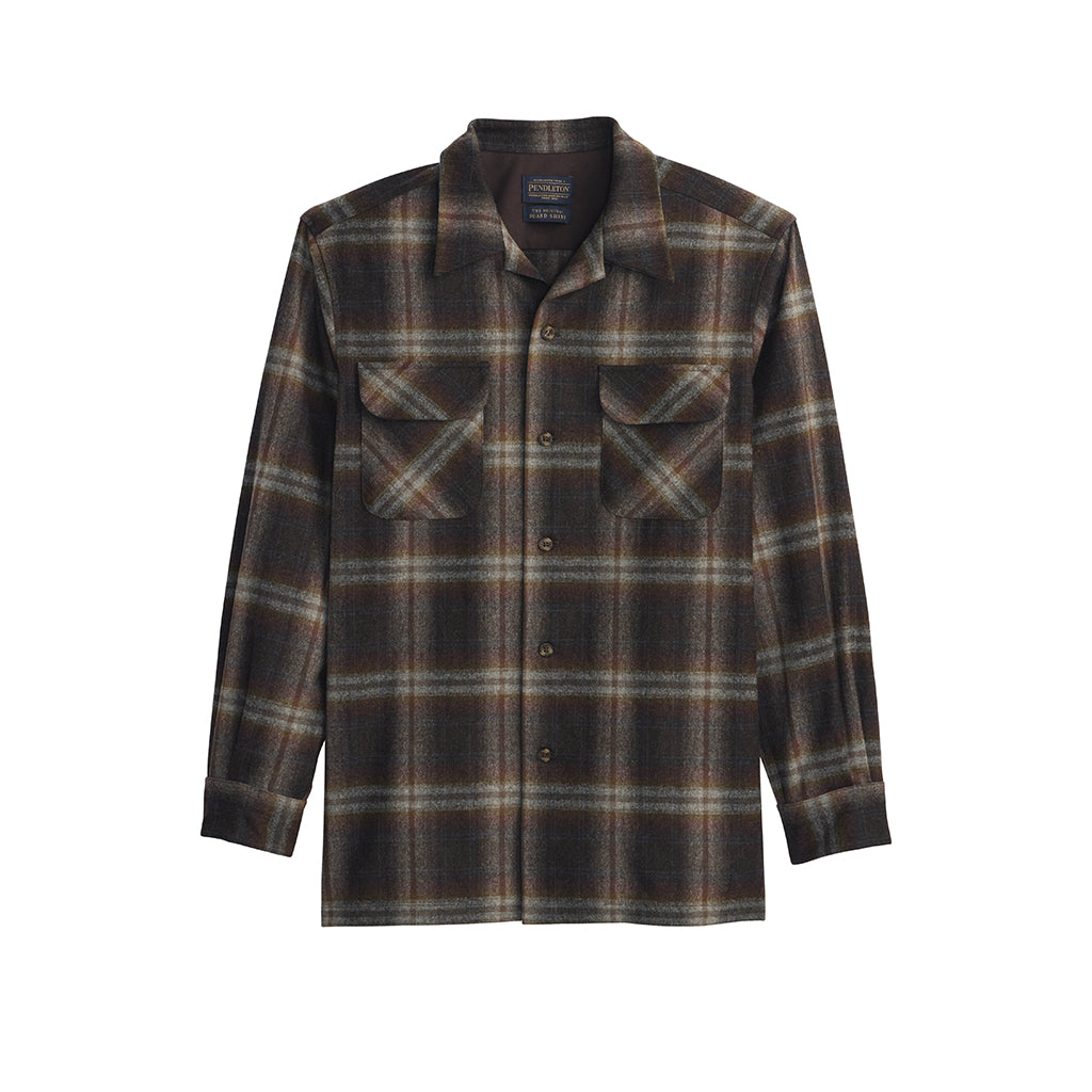 Brown and Grey plaid shirt with button details on a white background