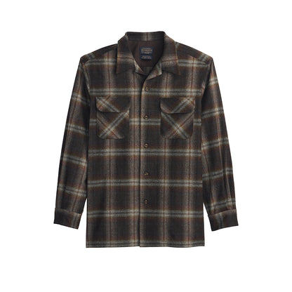 Brown and Grey plaid shirt with button details on a white background