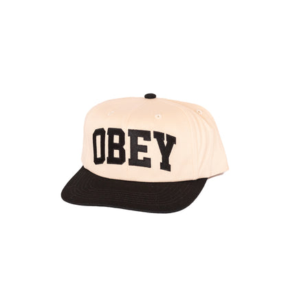 Beige and black cap with 'OBEY' logo on a white background