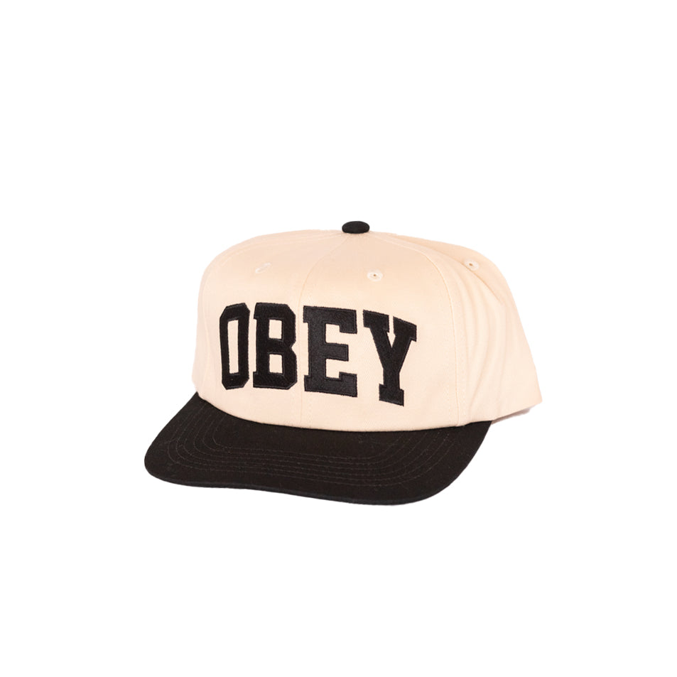 Beige and black cap with 'OBEY' logo on a white background